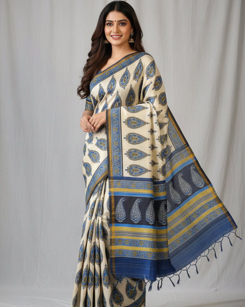 Pure Chanderi Silk Saree with Elegant blue  Prints and Zari Border – 100% Handloom Blouse Piece Included