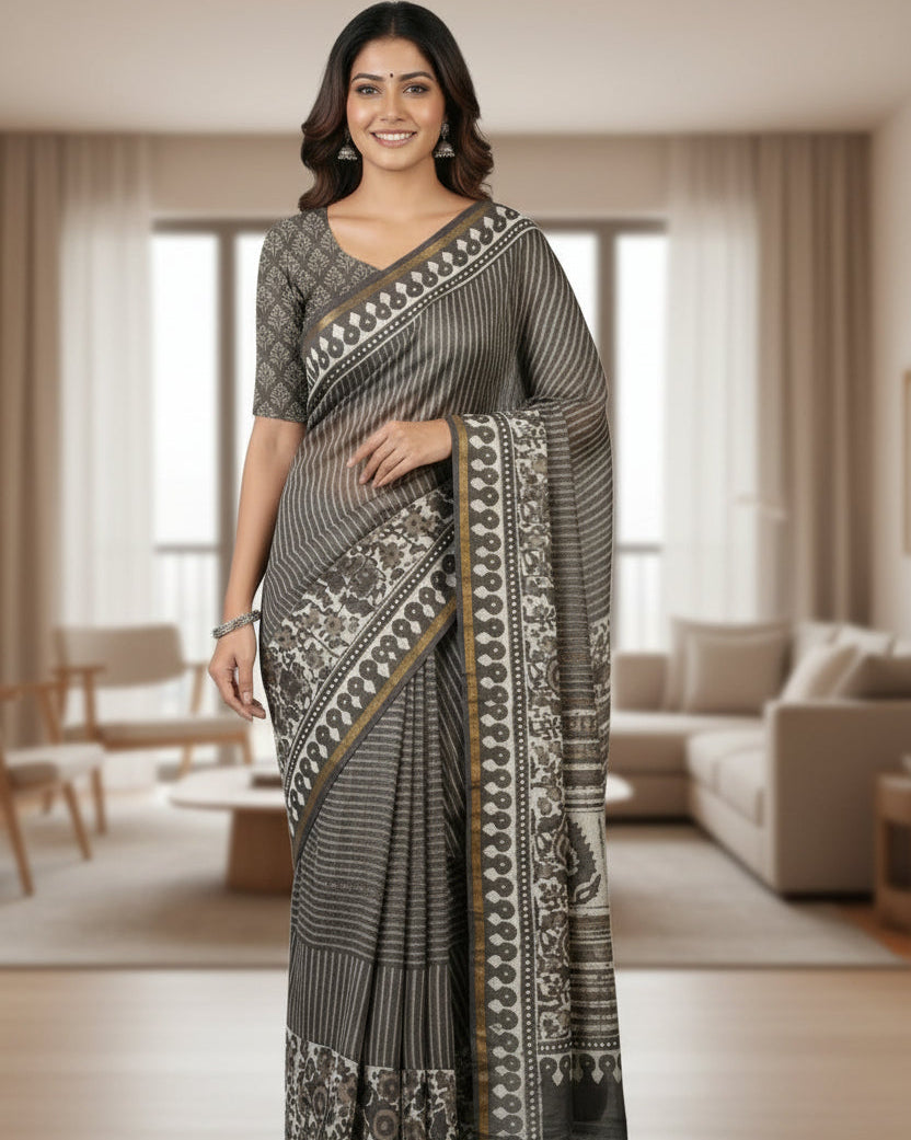 Chanderi Handloom Cotton Silk Saree with blouse – 20% Cotton 80% Silk. Light weight easy to drape. Comfortable all day .