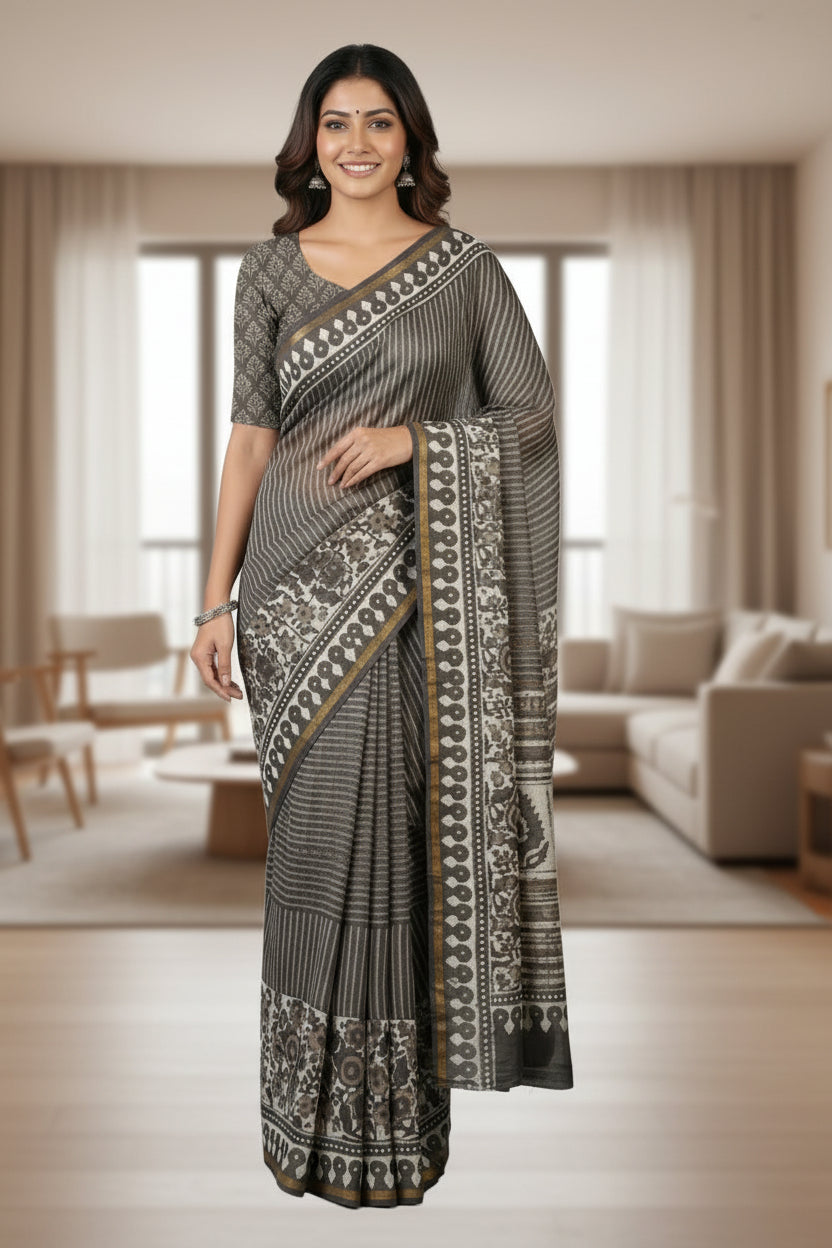 Chanderi Handloom Cotton Silk Saree with blouse – 20% Cotton 80% Silk. Light weight easy to drape. Comfortable all day .