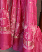 Maheshwari Handloom Pink  Saree with White Stripes and Silk Zari – 80% Silk, 20% Cotton (Cotton Silk) – Comes with Matching Blouse Piece