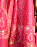 Maheshwari Handloom Pink  Saree with White Stripes and Silk Zari – 80% Silk, 20% Cotton (Cotton Silk) – Comes with Matching Blouse Piece