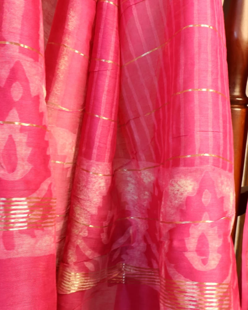Maheshwari Handloom Pink  Saree with White Stripes and Silk Zari – 80% Silk, 20% Cotton (Cotton Silk) – Comes with Matching Blouse Piece