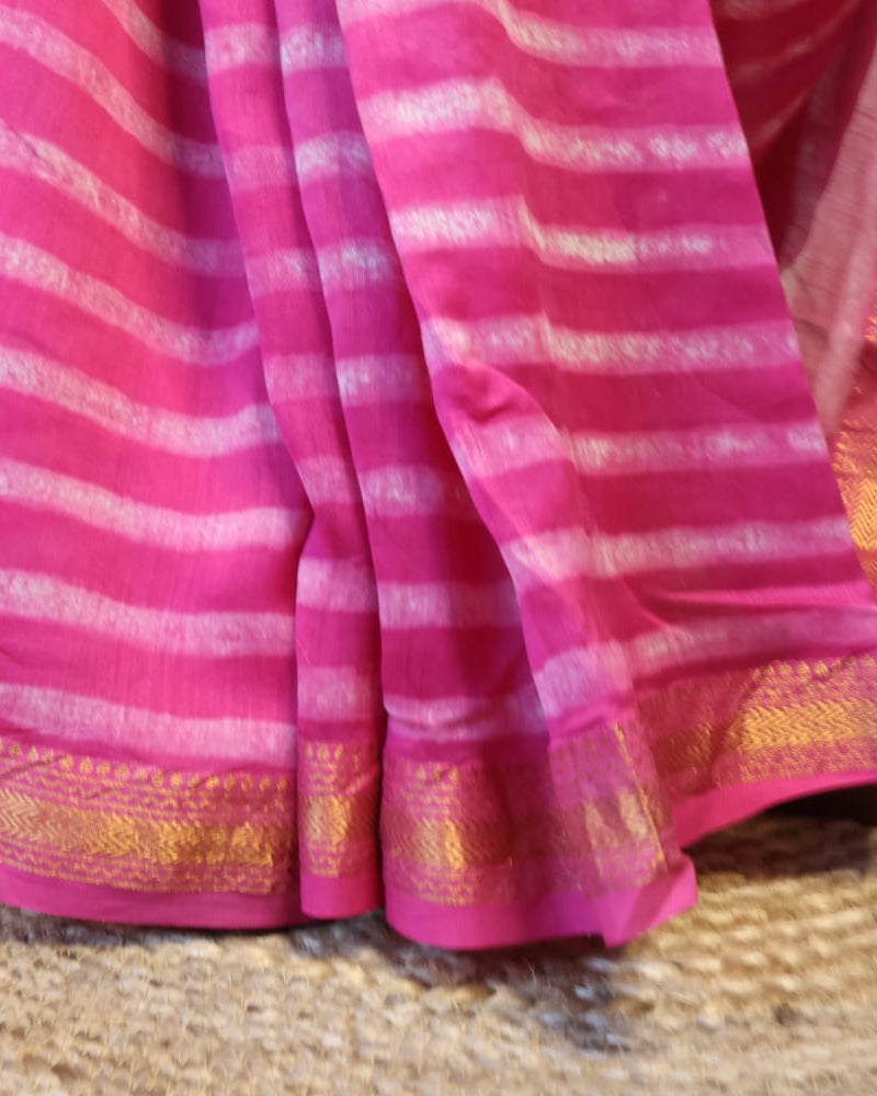 Maheshwari Handloom Pink  Saree with White Stripes and Silk Zari – 80% Silk, 20% Cotton (Cotton Silk) – Comes with Matching Blouse Piece
