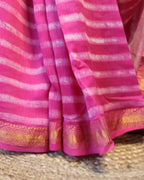 Maheshwari Handloom Pink  Saree with White Stripes and Silk Zari – 80% Silk, 20% Cotton (Cotton Silk) – Comes with Matching Blouse Piece