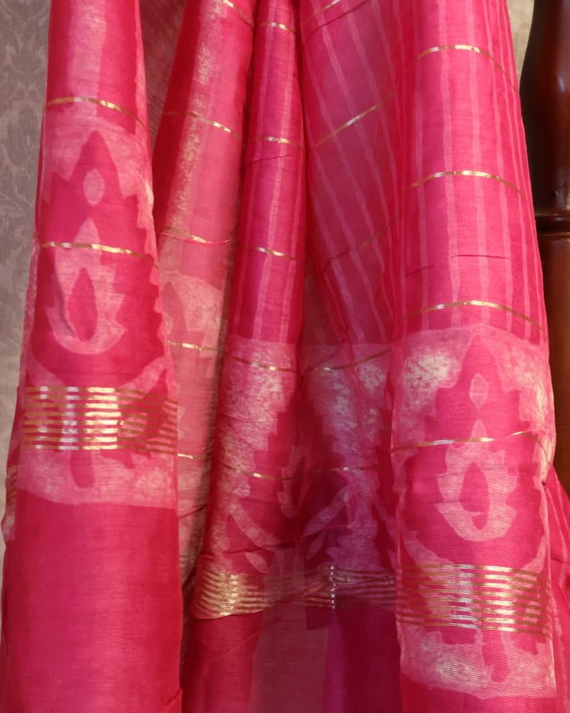 Maheshwari Handloom Pink  Saree with White Stripes and Silk Zari – 80% Silk, 20% Cotton (Cotton Silk) – Comes with Matching Blouse Piece