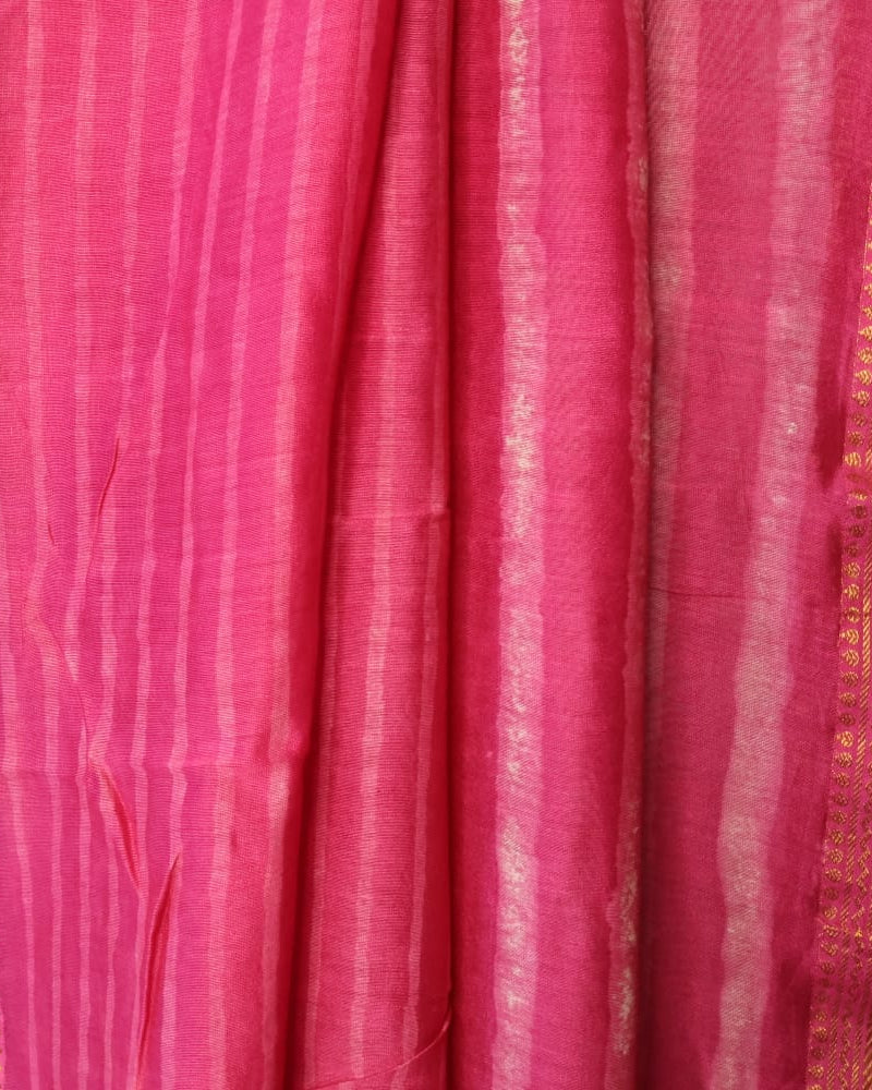 Maheshwari Handloom Pink  Saree with White Stripes and Silk Zari – 80% Silk, 20% Cotton (Cotton Silk) – Comes with Matching Blouse Piece