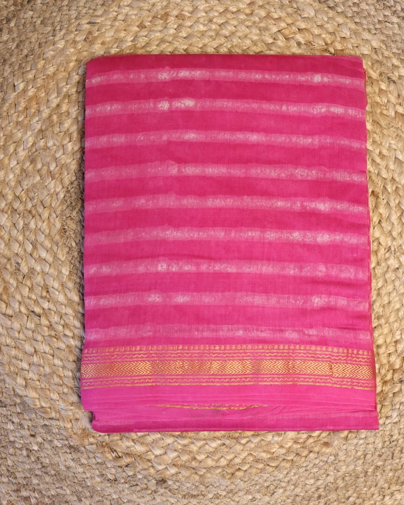 Maheshwari Handloom Pink  Saree with White Stripes and Silk Zari – 80% Silk, 20% Cotton (Cotton Silk) – Comes with Matching Blouse Piece