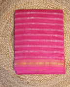 Maheshwari Handloom Pink  Saree with White Stripes and Silk Zari – 80% Silk, 20% Cotton (Cotton Silk) – Comes with Matching Blouse Piece