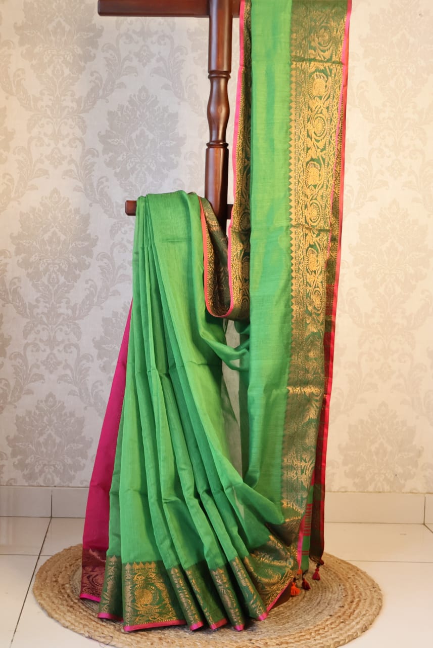 Handwoven Saree with Pure Zari cotton raw silk blend with blouse - Rajasthan. Lightweight, easy to drape . Comfortable all day .