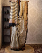 Cream Base & Black Designs Saree with Matching Blouse - 100% Pure Maheshwari Handloom Silk