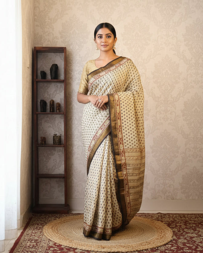 Cream Base & Black Designs Saree with Matching Blouse - 100% Pure Maheshwari Handloom Silk