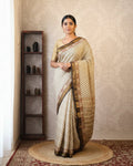 Cream Base & Black Designs Saree with Matching Blouse - 100% Pure Maheshwari Handloom Silk