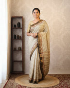 Cream Base & Black Designs Saree with Matching Blouse - 100% Pure Maheshwari Handloom Silk