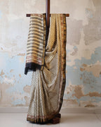 Cream Base & Black Designs Saree with Matching Blouse - 100% Pure Maheshwari Handloom Silk