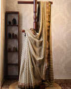 Cream Base & Black Designs Saree with Matching Blouse - 100% Pure Maheshwari Handloom Silk