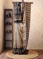 Off White Chanderi Silk Saree with Elegant White Prints and Zari Border – 100% Handloom silk | Blouse Piece Included