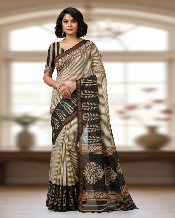 Off White Chanderi Silk Saree with Elegant White Prints and Zari Border – 100% Handloom silk | Blouse Piece Included