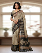 Off White Chanderi Silk Saree with Elegant White Prints and Zari Border – 100% Handloom silk | Blouse Piece Included