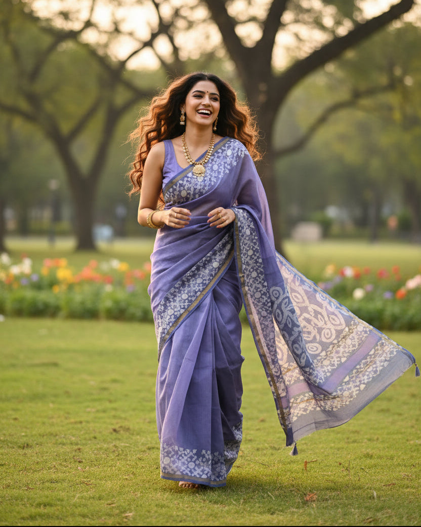 Light Purple Pure Chanderi Silk Saree with Elegant White Prints and Zari Border –  100% Handloom silk| Blouse Piece Included