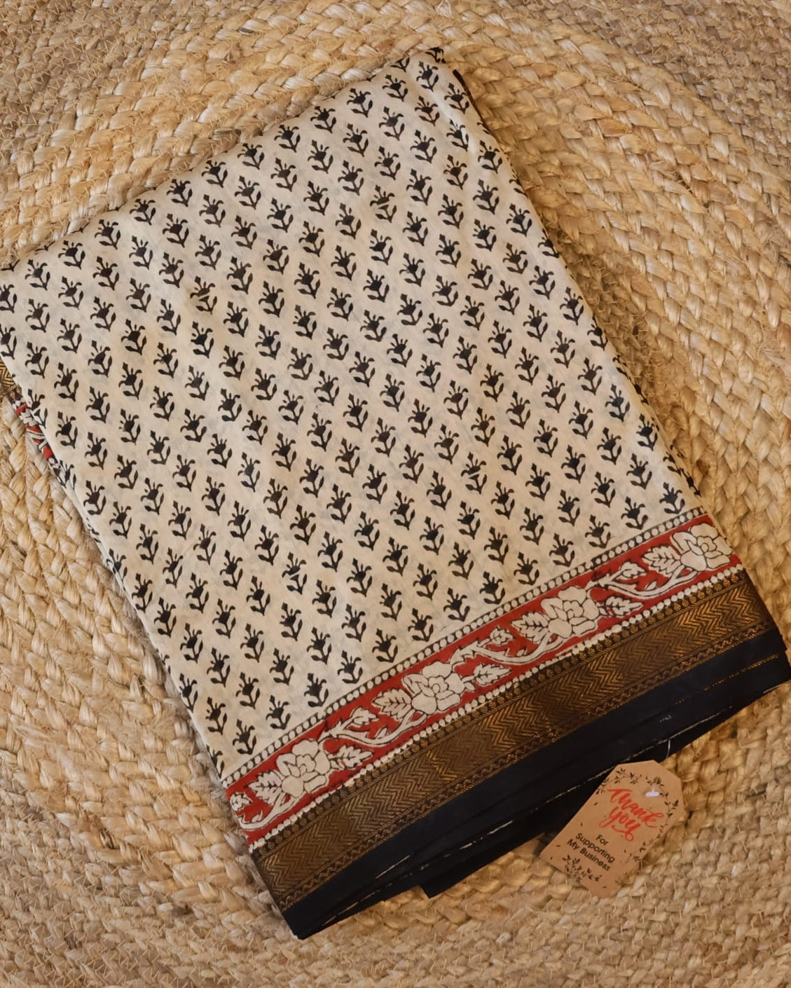 Cream Base & Black Designs Saree with Matching Blouse - 100% Pure Maheshwari Handloom Silk