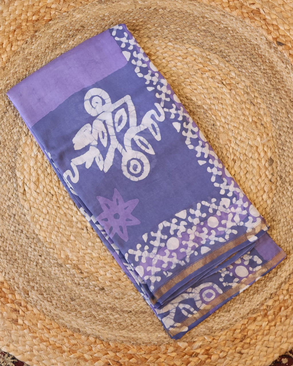 Light Purple Pure Chanderi Silk Saree with Elegant White Prints and Zari Border –  100% Handloom silk| Blouse Piece Included
