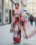Pure Linen check Saree with blouse – Elegant, Professional & Handwoven. Light weight easy to drape. Comfortable all day .