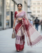 Pure Linen check Saree with blouse – Elegant, Professional & Handwoven. Light weight easy to drape. Comfortable all day .