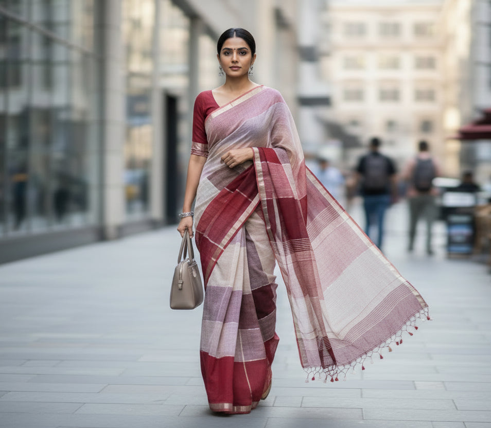 Pure Linen check Saree with blouse – Elegant, Professional & Handwoven. Light weight easy to drape. Comfortable all day .