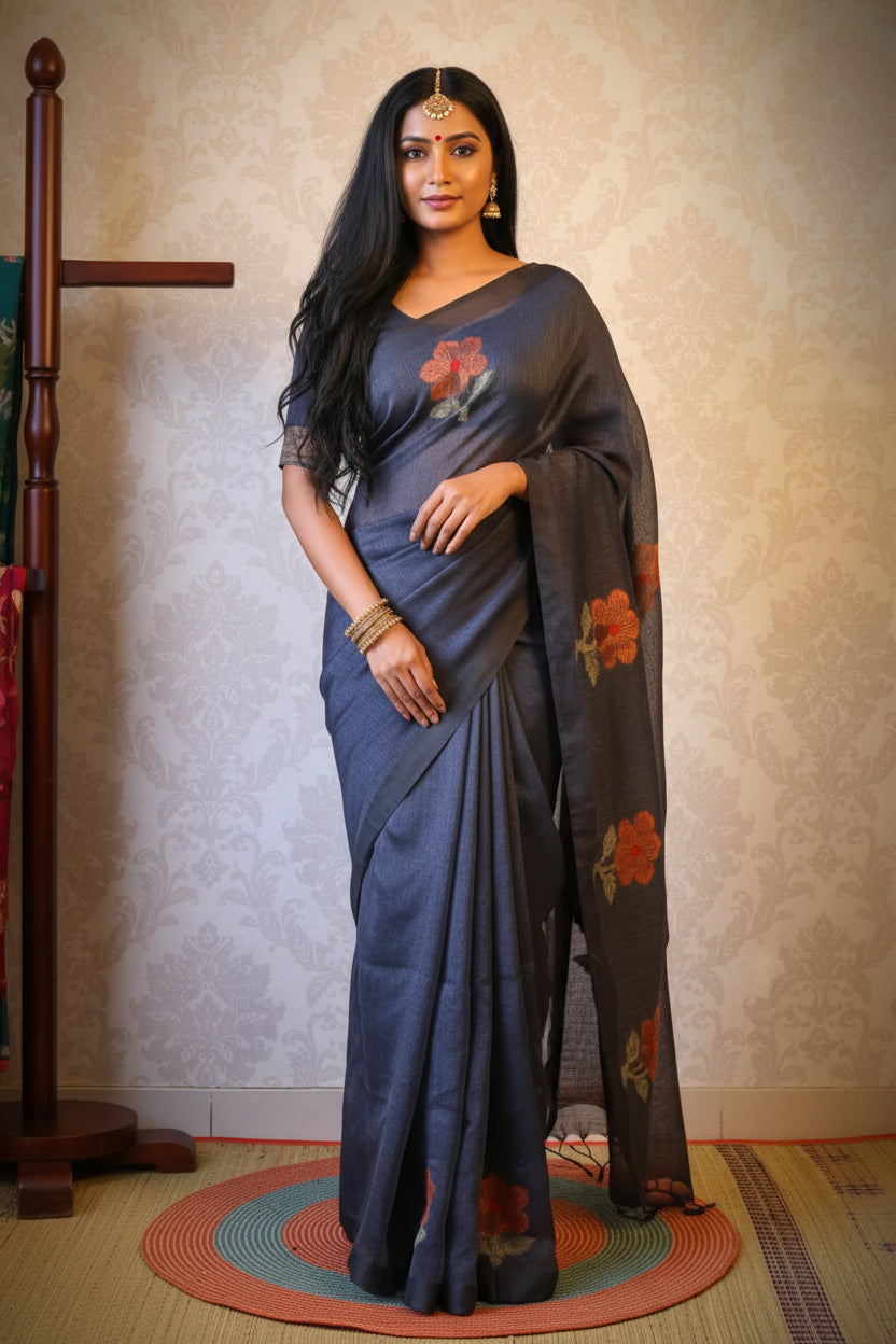 Pure Linen Jamdani Saree handwoven with blouse –  Light weight easy to drape. Comfortable all day .