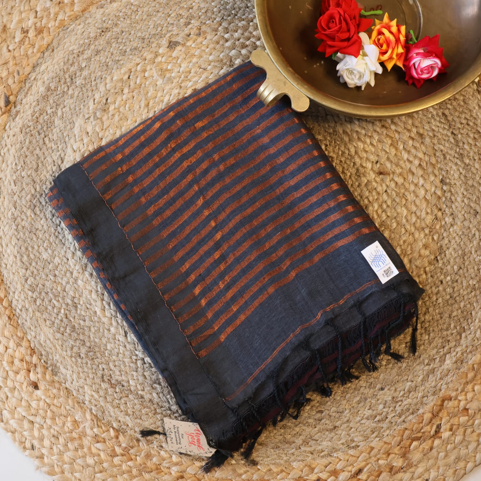 Pure Linen Jamdani Saree handwoven with blouse –  Light weight easy to drape. Comfortable all day .