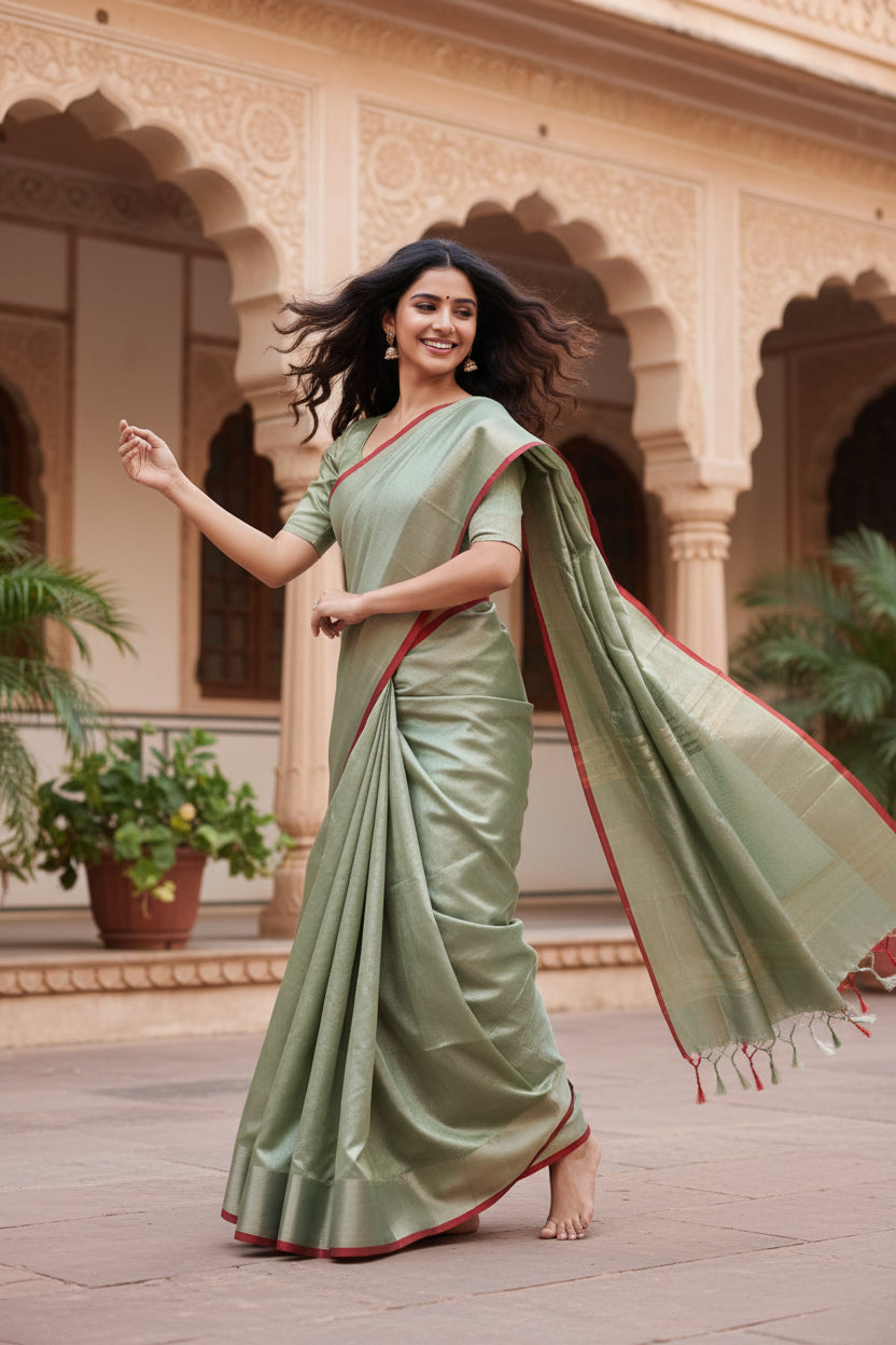 Handloom cotton Tissue Zari with blouse. Lightweight, comfortable all day. Easy to drape.