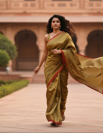 Handloom cotton Tissue Zari with blouse. Lightweight, comfortable all day. Easy to drape.