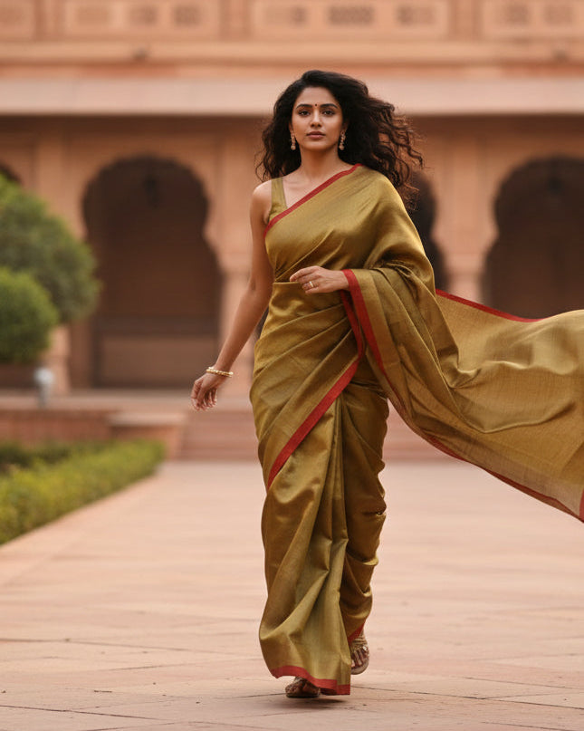 Handloom cotton Tissue Zari with blouse. Lightweight, comfortable all day. Easy to drape.