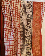 Classy Maheshwari Handloom Cream Saree with Brick red Cheques  and Silk Zari – 80% Silk, 20% Cotton (Cotton Silk) – Comes with Matching Blouse Piece