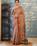 Classy Maheshwari Handloom Cream Saree with Brick red Cheques  and Silk Zari – 80% Silk, 20% Cotton (Cotton Silk) – Comes with Matching Blouse Piece