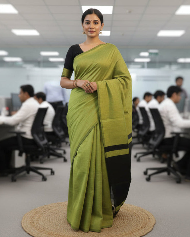 Formal Sarees with blouse & blend of fabric is 70% cotton, 30% acrylic. Lightweight Maheshwari and comfortable, easy to drape .Comfortable all day .