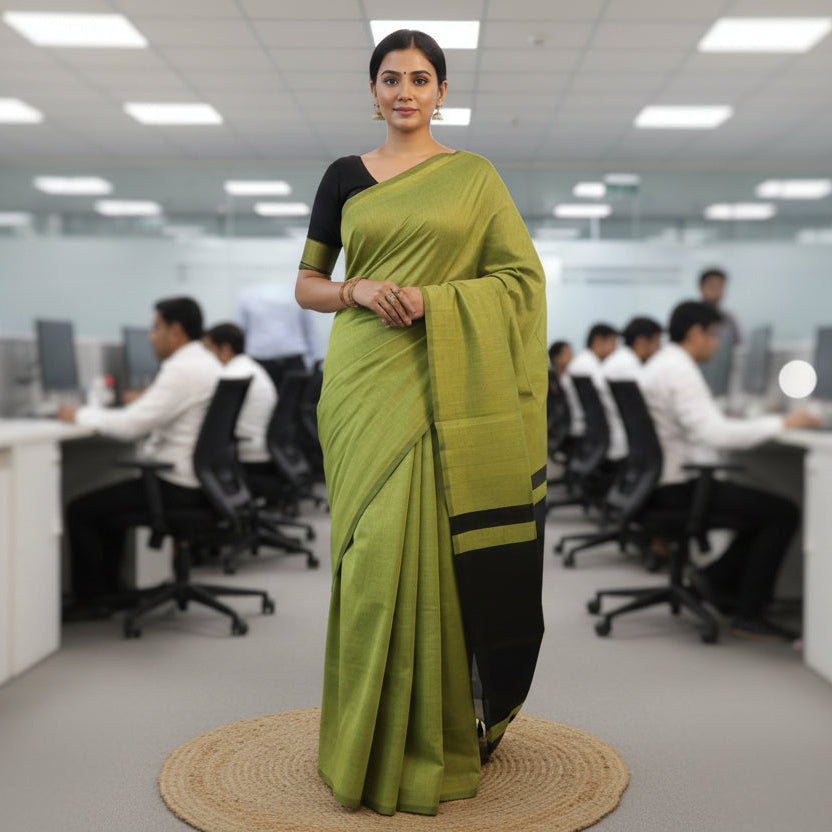 Formal Sarees with blouse & blend of fabric is 70% cotton, 30% acrylic. Lightweight Maheshwari and comfortable, easy to drape .Comfortable all day .