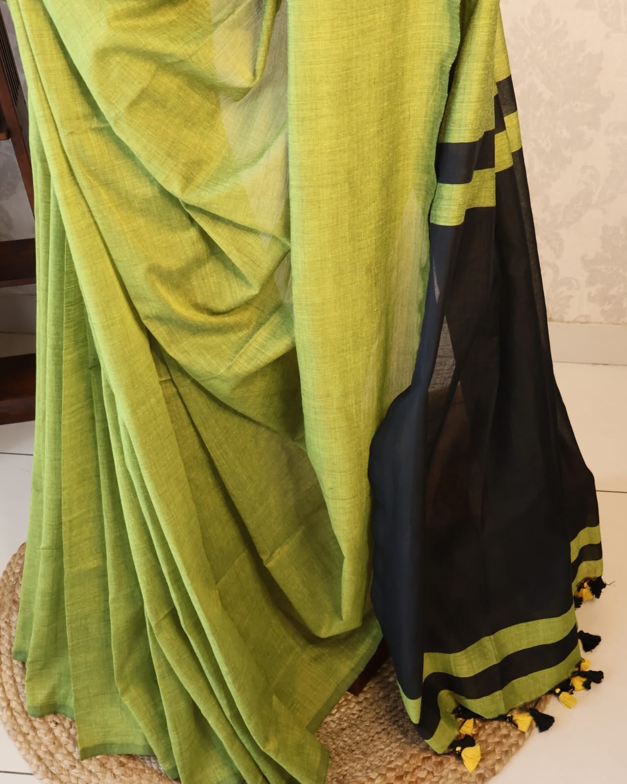 Formal Sarees with blouse & blend of fabric is 70% cotton, 30% acrylic. Lightweight Maheshwari and comfortable, easy to drape .Comfortable all day .
