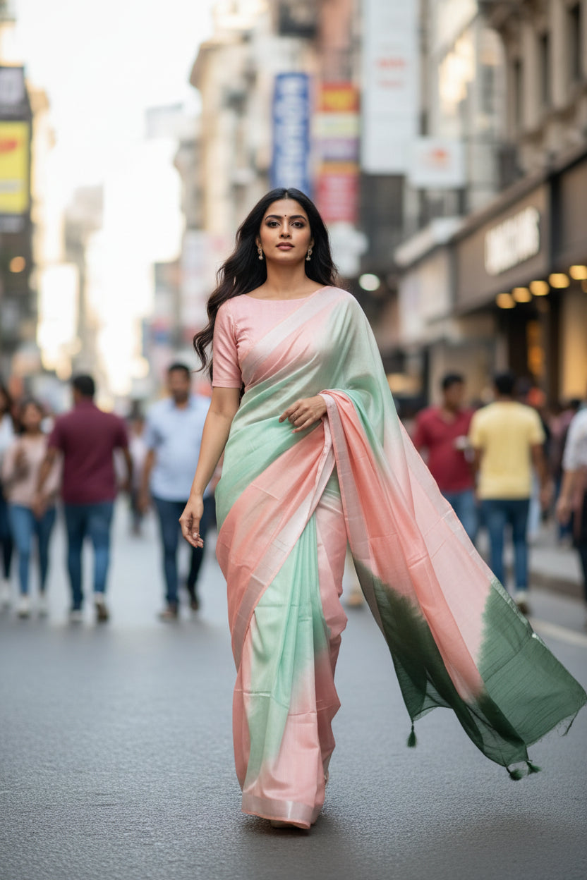 Pure Linen  Saree with blouse – Elegant, Professional & Handwoven Light weight easy to drape. Comfortable all day .