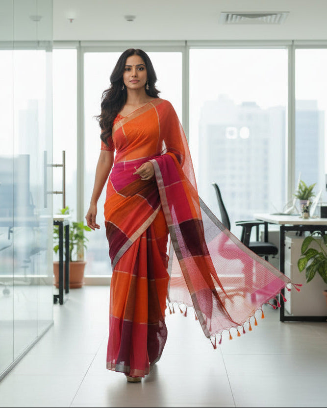 Pure Linen  Saree with blouse – Elegant, Professional & Handwoven Light weight easy to drape. Comfortable all day .