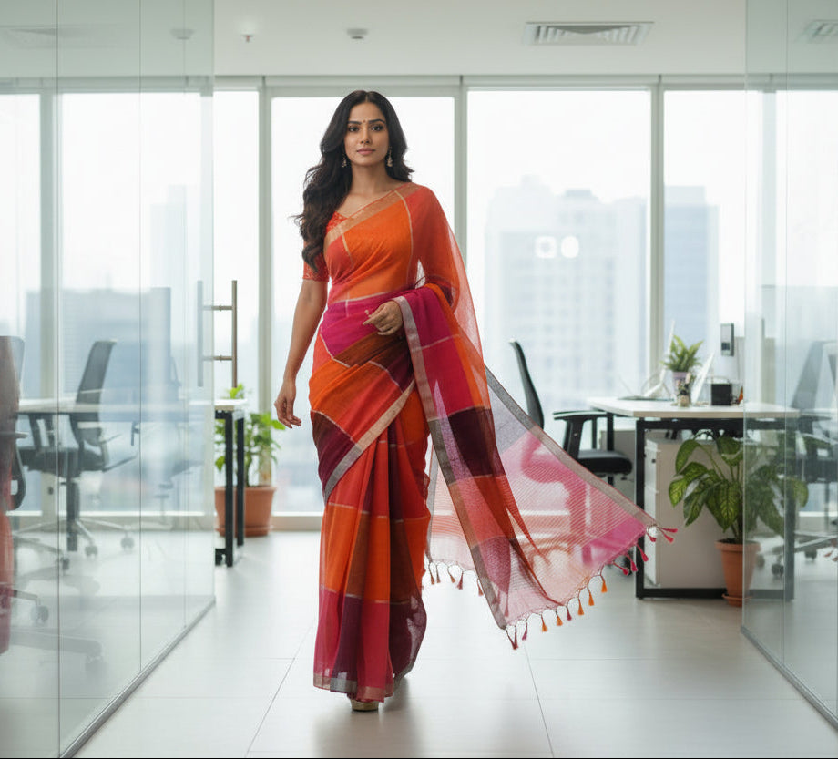 Pure Linen  Saree with blouse – Elegant, Professional & Handwoven Light weight easy to drape. Comfortable all day .