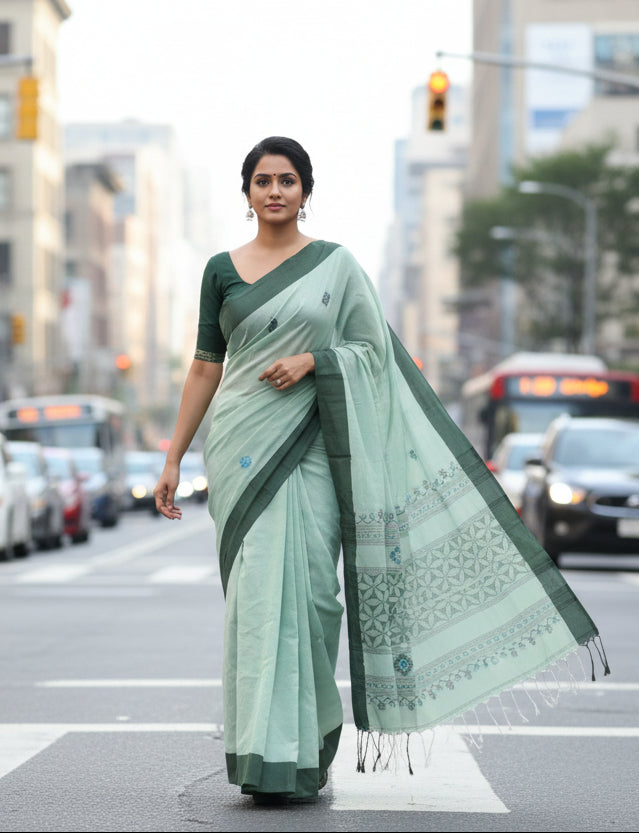 Pure Khadi Jamdani cotton Saree with blouse – Elegant, Professional & Handwoven, Light weight easy to drape. Comfortable all day .