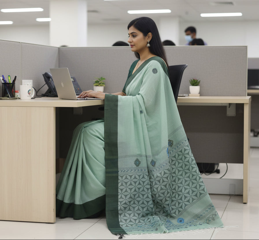 Pure Khadi Jamdani cotton Saree with blouse – Elegant, Professional & Handwoven, Light weight easy to drape. Comfortable all day .