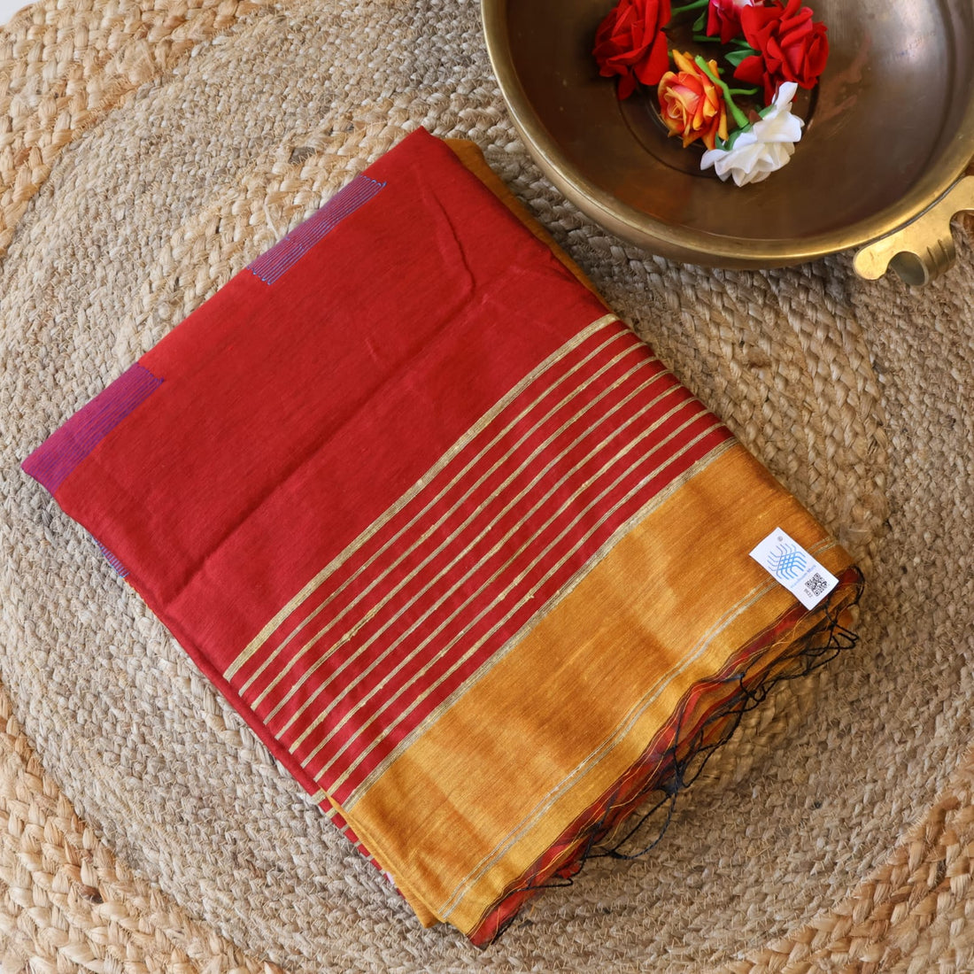 Handloom Cotton silk Temple weaving saree with blouse. Lightweight, comfortable all day. Easy to drape.