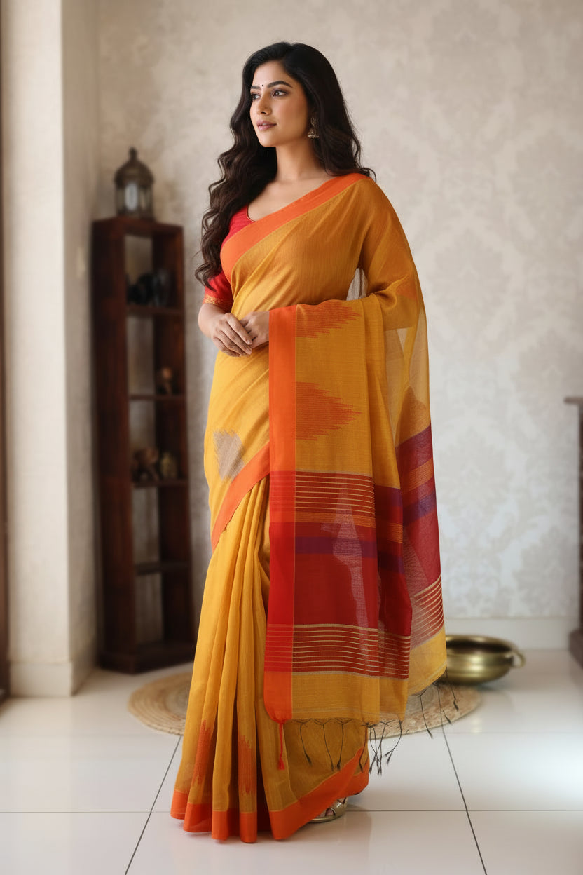 Handloom Cotton silk Temple weaving saree with blouse. Lightweight, comfortable all day. Easy to drape.