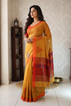 Handloom Cotton silk Temple weaving saree with blouse. Lightweight, comfortable all day. Easy to drape.