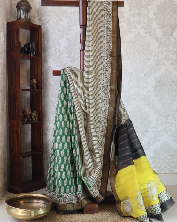 Magnificent off White/ Green/ Yellow  Maheshwari Handloom Saree with Silk Zari – 80% Silk, 20% Cotton (Cotton Silk) – Comes with Matching Blouse Piece.