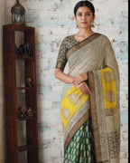 Magnificent off White/ Green/ Yellow  Maheshwari Handloom Saree with Silk Zari – 80% Silk, 20% Cotton (Cotton Silk) – Comes with Matching Blouse Piece.