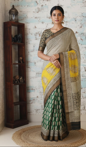 Maheshwari Handloom Cotton Silk Saree with blouse – Cotton 20% Silk 80%Lightweight and comfortable, easy to drape . Comfortable all day .