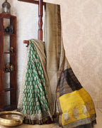 Magnificent off White/ Green/ Yellow  Maheshwari Handloom Saree with Silk Zari – 80% Silk, 20% Cotton (Cotton Silk) – Comes with Matching Blouse Piece.